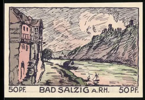 Notgeld Bad Salzig a. Rh. 1921, 50 Pf, Flusspanorama und alter Mann mit Stock