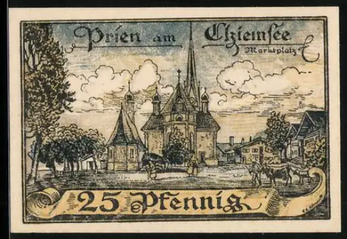 Notgeld Prien am Chiemsee 1920, 25 Pfennig, Marktplatz mit Kirche und Gebäuden im Hintergrund