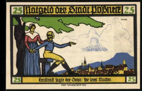 Notgeld Pössneck 1921, 25 Pf, Goethe-Motiv Hermann und Dorothea, Mutter und Sohn unter Baum, Ortsansicht