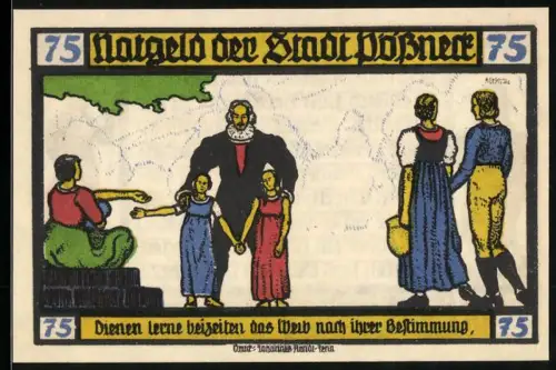 Notgeld Pössneck 1921, 75 Pf, Goethe-Motiv mit Hermann und Dorothea