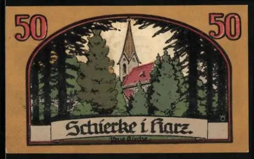 Notgeld Schierke i. Harz 1921, 50 Pfennig, Kirche im Wald und Goethe-Silhouette mit Berglandschaft
