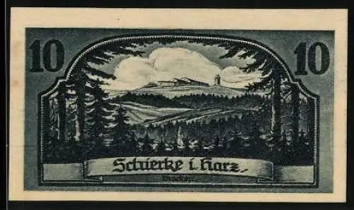 Notgeld Schierke i. Harz, 10 Pfennig, Landschaft und Goethe-Silhouette