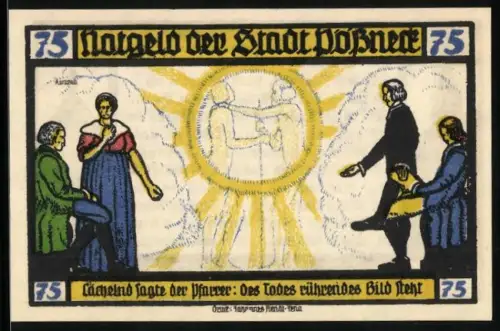 Notgeld Pössneck 1921, 75 Pfennig, Goethe-Motiv mit Figuren und Gebäuden