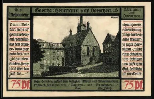 Notgeld Pössneck 1921, 75 Pf, Goethe-Motiv mit Gebäude und Figuren im Sonnenuntergang