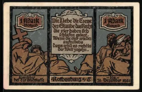Notgeld Rothenburg o. T. 1921, 1 Mark, Ortsansicht und religiöse Motive mit Spruchband