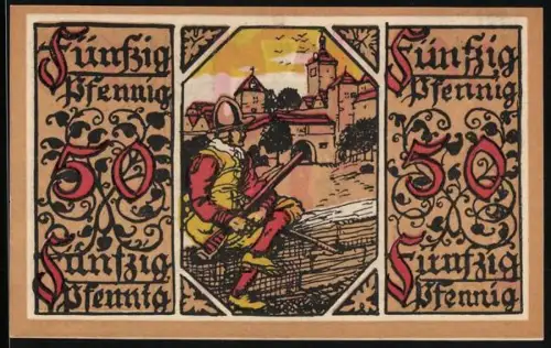Notgeld Rothenburg, 50 Pfennig, Soldat mit Burg und Stadtwappen mit Kreuz und Helm