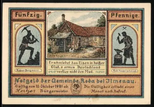 Notgeld Roda bei Ilmenau 1921, 50 Pfennig, Bergmann und Nagelschmied Motive
