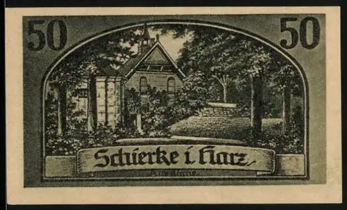 Notgeld Schierke i. Harz 1921, 50 Pfennig, Goethe-Silhouette und Landschaftsmotiv