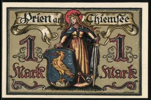 Notgeld Prien am Chiemsee 1920, 1 Mark, Frau mit Schwert und Wappen mit Vogel