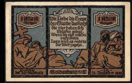 Notgeld Rothenburg 1921, 1 Mark, Szenen mit Kreuz und Ortsansicht mit Wappen