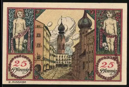 Notgeld Rosenheim 1921, 25 Pfennig, Ortsansicht mit Türmen und Figuren, Arkadengang