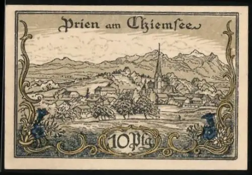 Notgeld Prien am Chiemsee 1920, 10 Pfennig, Landschaftsansicht mit Kirche und Bergen im Hintergrund