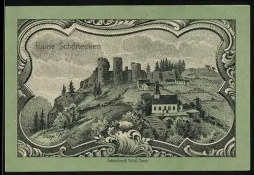 Notgeld Prüm 1920, 25 Pfennig, Ruine Schönecken und Wappen des Kreises Prüm
