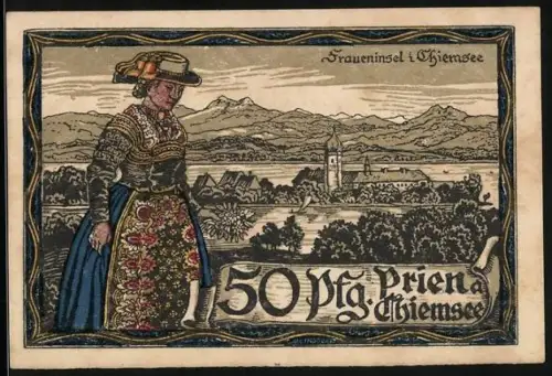 Notgeld Prien a Chiemsee, 50 Pfennig, Frau in Tracht und Landschaft mit Kirche und Bergen