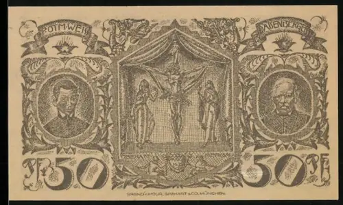 Notgeld Oberammergau 1921, 50 Pfennig, Christus am Kreuz und Dorflandschaft