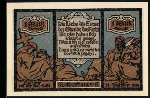 Notgeld Rothenburg 1921, 1 Mark, Szenen mit Figuren und Ortsansicht mit Türmen und Fachwerkhäusern