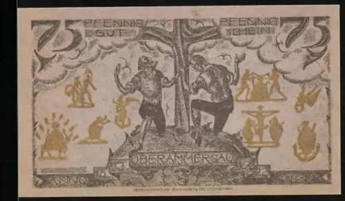 Notgeld Oberammergau 1921, 75 Pfennig, Darstellung von zwei Männerfiguren und Ortsansicht
