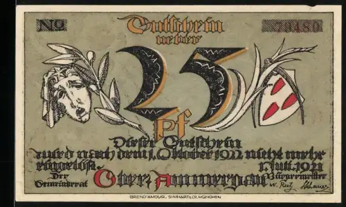 Notgeld Oberammergau 1921, 25 Pf, Kopf und Wappen sowie Dorfszene mit Denkmal und Bergen