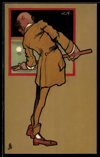 Künstler-AK Billardspieler visiert eine Kugel an