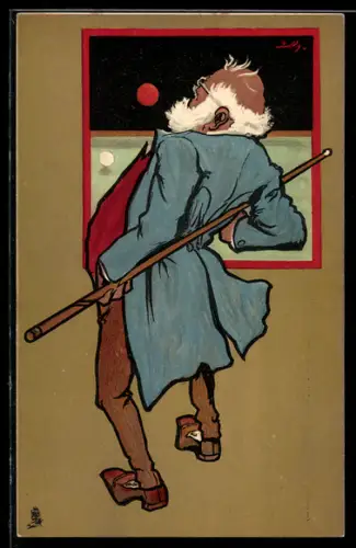 Künstler-AK Mann weicht fliegender Billardkugel aus