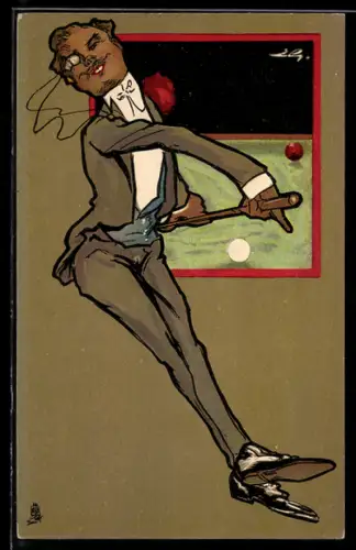 AK Karikatur Billardspieler mit Monokel am Tisch