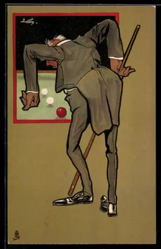 Künstler-AK Billard-Spieler mit Queue studiert die Lage der Kugeln