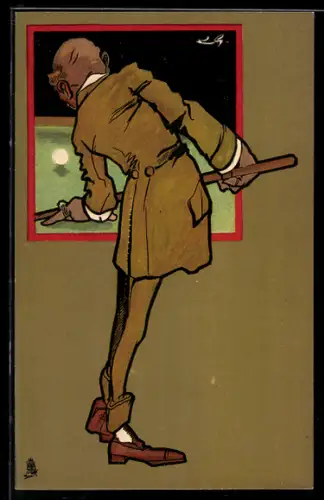 Künstler-AK Billardspieler visiert eine Kugel an