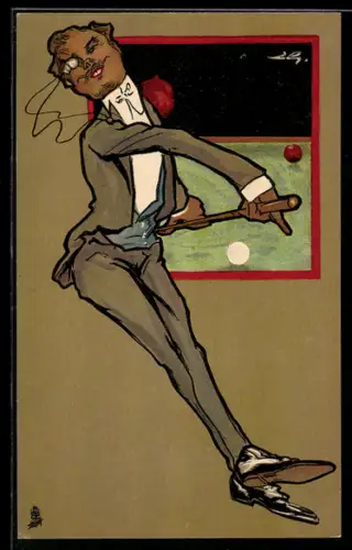 AK Karikatur Billardspieler mit Monokel am Tisch