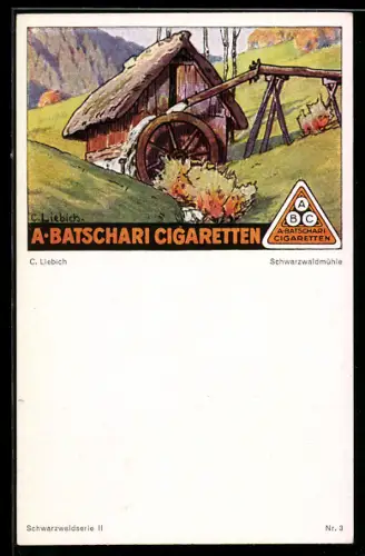 Künstler-AK Curt Liebich: Reklame für Zigaretten von A. Batschari, Schwarzwaldmühle
