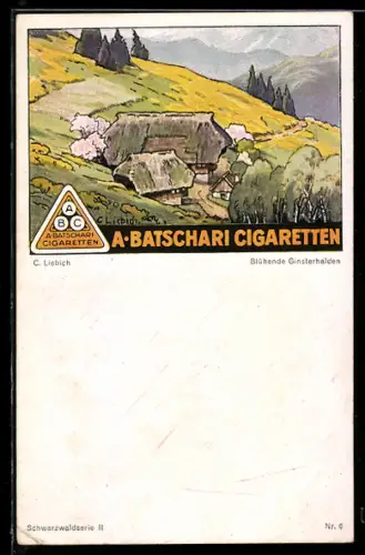 Künstler-AK Curt Liebich: Reklame für Zigaretten von A. Batschari, Blühende Ginsterhalden