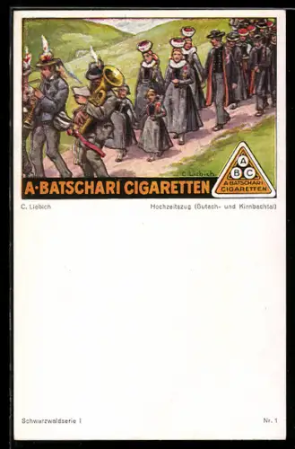 Künstler-AK Curt Liebich: A. Batschari Cigaretten Reklame, Menschen beim Hochzeitszug