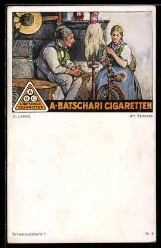 Künstler-AK Curt Liebich: Reklame für Zigaretten von A. Batschari, Mann und Frau am Spinnrad