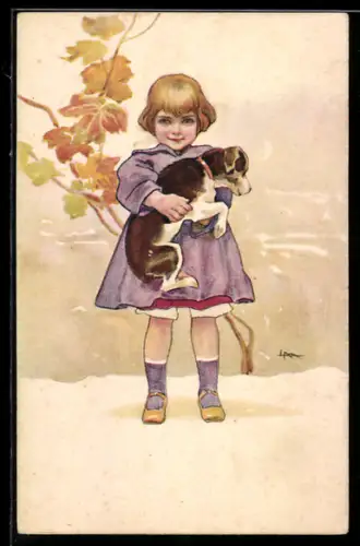 Künstler-AK Ein Mädchen hält einen Terrier auf dem Arm, Herbstlaub