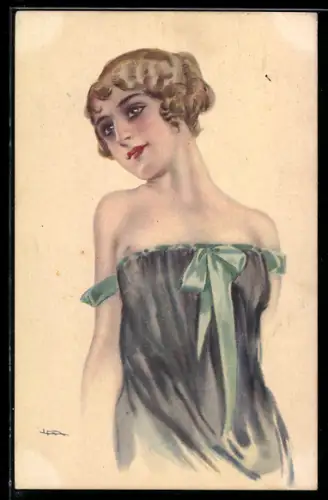 Künstler-AK Leopoldo Metlicovitz: Junge Dame im schulterfreien Kleid entblösst ihre Brust