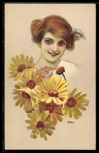 Künstler-AK Leopoldo Metlicovitz: Hübsche Frau mit Sonnenblumen