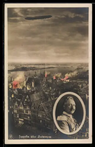 AK Zeppelin bombardiert Antwerpen, Kaiser Wilhelm II.