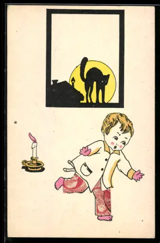AK Kind mit Briefmarkenhose läuft vor einer Kerze davon, im Hintergrund schwarze Katze vor der Sonne