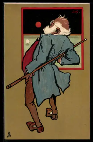 Künstler-AK Mann weicht fliegender Billardkugel aus