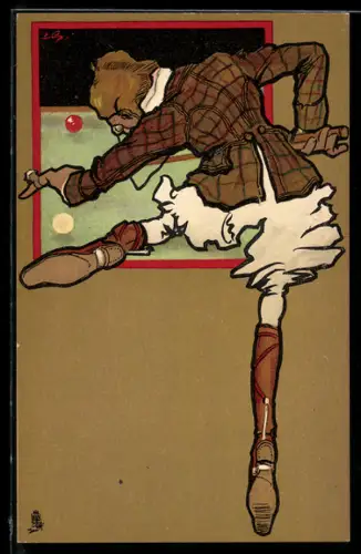 Künstler-AK Billardspieler bei einem schwierigen Stoss