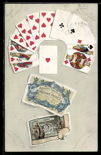 AK Kartenspiel und französische Banknoten