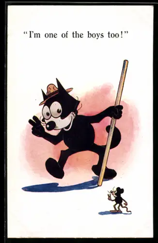 AK Comic Felix the Cat, Schwarzer Kater mit Hund neben einer Maus