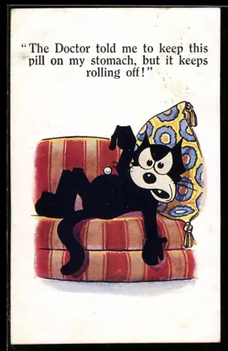 AK Comic Felix the Cat, Schwarzer Kater balanciert eine Pille auf seinem Buch und liegt auf der Couch