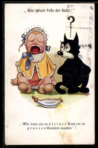 AK Comic Felix the Cat, Verwirrter Kater sitzt neben einem heulenden Kleinkind
