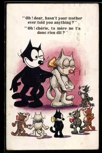 AK Comic Felix the Cat, Schwarzer Kater stösst eine andere Katze mit dem Ellenbogen an