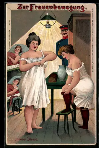 Lithographie Spottkarte zur Frauenbewegung, Weibliche Rekruten im inneren Dienst, Zukunftsbild