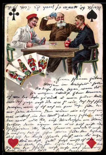 AK Drei Gentlemen beim Kartenspiel, darunter Soldat in Uniform