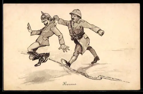 AK Soldat trägt Kaiser Wilhelm II und schmeisst ihn raus