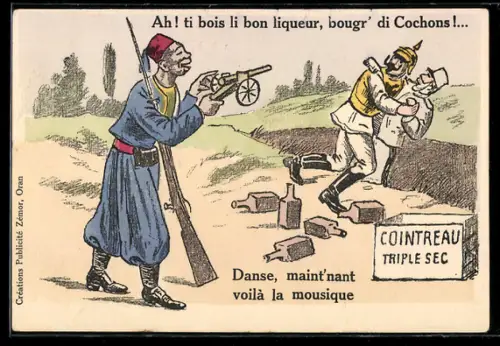 AK Soldat mit kleinem Geschütz zielt auf Kaiser Wilhelm II