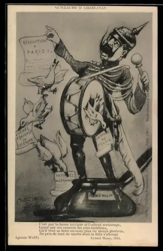 Künstler-AK Guillaume II Charlatan, Kaiser Wilhelm II. steht in der Tinte und haut auf die Pauke