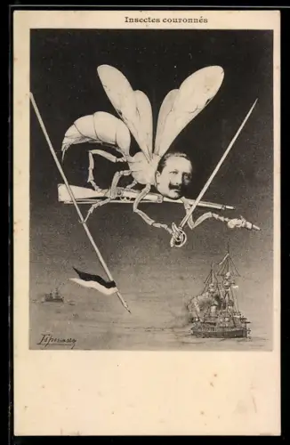 Künstler-AK Wilhelm II als Mücke mit Gewehr